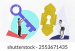 Man and woman interacting with giant key and lock, symbolizing finding solutions and unlocking potential. Contemporary art collage. Concept of business, teamwork, success, progress