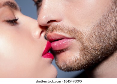 Man With Woman Kisses, Macro, Cropped Of Face. Sensual Couple Kissing. Kiss Lovers Lips