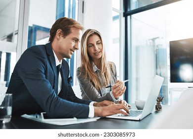 Man, woman and laptop with corporate partner, planning or typing for project, proposal and company vision. Businessman, partnership and computer with discussion, teamwork and consulting with analysis - Powered by Shutterstock