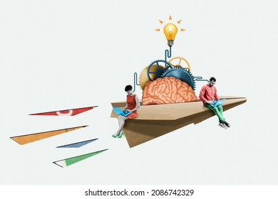 A man and a woman with laptops are sitting on a paper airplane. The concept of research and teamwork. Art collage. - Powered by Shutterstock