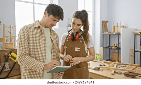 Man and woman, likely carpenters, collaborate in a workshop, examining plans surrounded by woodwork tools. - Powered by Shutterstock