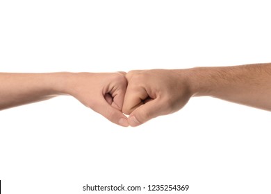 Man and woman making fist bump gesture on white background - Shutterstock ID 1235254369