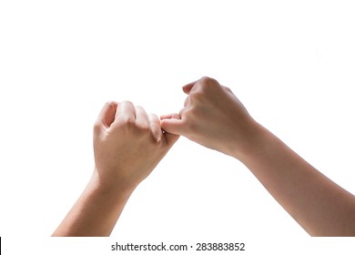 Man and woman making a pinkie promise isolated on white background