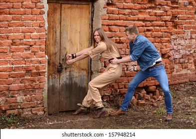 The Man And Woman Open Wooden Door