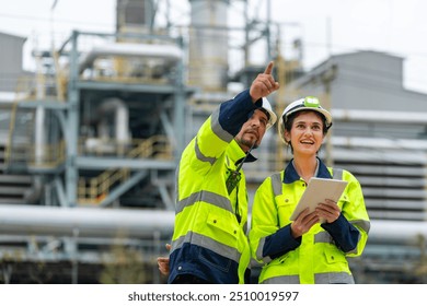 Man and woman petrochemical engineer teamwork meeting discussion at petroleum oil refinery industry area. Industrial factory technician worker working maintenance manufacturing energy power gas system - Powered by Shutterstock