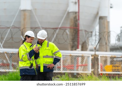 Man and woman petrochemical engineer teamwork meeting discussion at petroleum oil refinery industry area. Industrial factory technician worker working maintenance manufacturing energy power gas system - Powered by Shutterstock