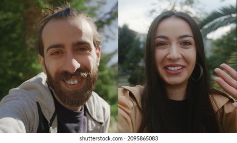 Man And Woman Phone Video Call. Friends Chat Concept.