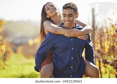 Man, woman and piggy back at vineyard for smile, walking and playful with connection in summer. Happy couple, hug and excited on adventure in countryside, wine farm and nature with love on holiday - Powered by Shutterstock