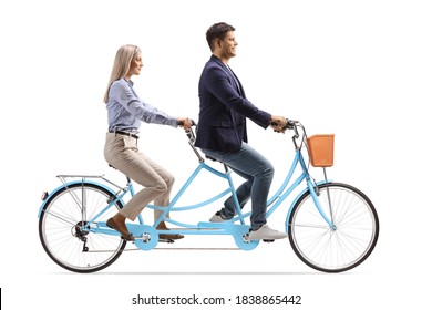 Man and woman riding a tandem bicycle together isolated on white background - Powered by Shutterstock