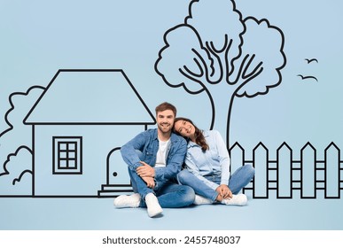 A man and woman are seated on the ground in front of a hand-drawn image of a house. They appear engaged in a conversation or planning session, with the focus on the drawing before them. - Powered by Shutterstock