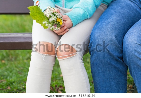 Man Woman Sitting On Bench Female Stock Photo Edit Now 516215191