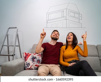 Man and woman sitting on sofa dreaming about new home, dreams come true 