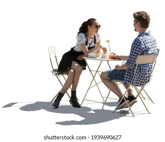 Man And Woman Sitting In A Street Cafe And Talking, Backlit Image Isolated On White Background