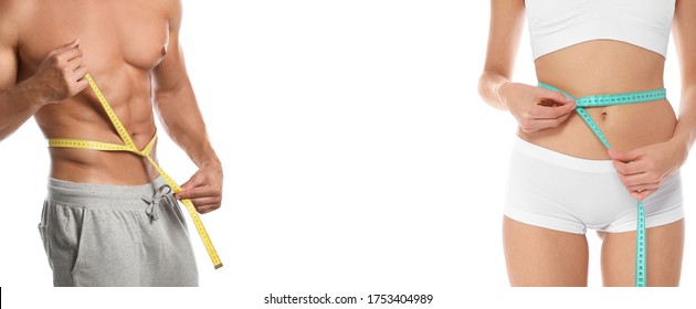 Man And Woman With Slim Bodies On White Background, Closeup. Banner Design