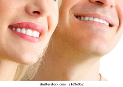 Man and woman smile. Over  white background