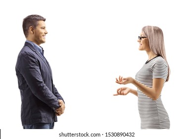 Man And Woman Standing And Having A Conversation Isolated On White Background