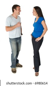 A Man And Woman Standing Together Talking On White Background