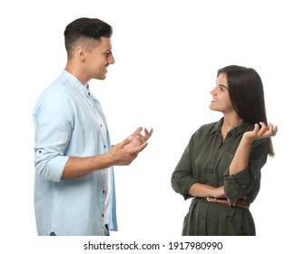 Man And Woman Talking On White Background