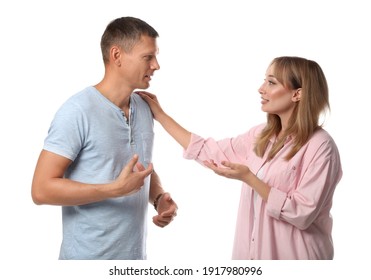 Man And Woman Talking On White Background