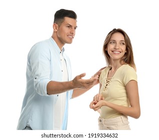 Man And Woman Talking On White Background