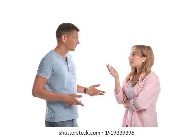 Man And Woman Talking On White Background