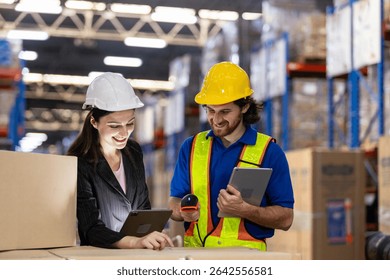 Man and women engage in productive conversation about inventory management in a lively warehouse. They utilize tablets for efficient communication and data analysis, showcasing teamwork. - Powered by Shutterstock - Get 15% off with code: PIKWIZARD15