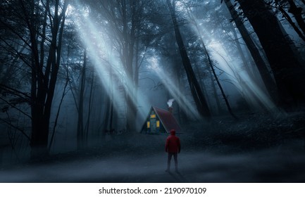 Man In The Woods Observing A Cabin