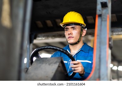 Man At Work. Professional Operation Engineering. Young Asian Worker Forklift Driver Wearing Safety Goggles And Hard Hat Sitting In Vehicle In Warehouse