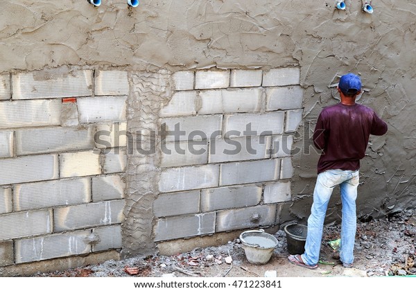 Man Work Wall Plaster Cement Stock Photo 471223841 