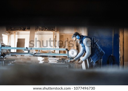A man worker in the carpentry workshop, working with wood.