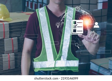 Man Worker Checking Online Warehouse , Concept Global Data Connection , By Technology , Big Data , Data Search