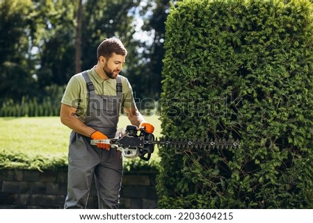 Man worker cutting bushes with an electric saw in the yard