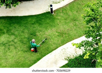 Man Worker Cutting  Grass With Lawn Mower	