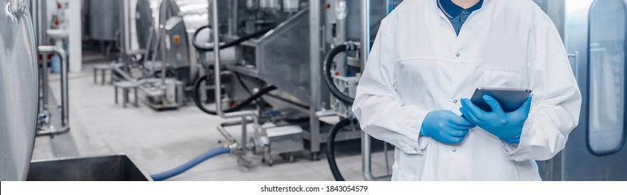 Man Worker Holding Tablet Computer Checking Production Line Dairy Factory Food Industry. Copy Space Banner.