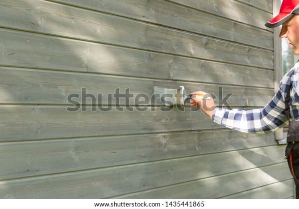 Man Worker Painting Wooden House Exterior Stock Photo Edit Now