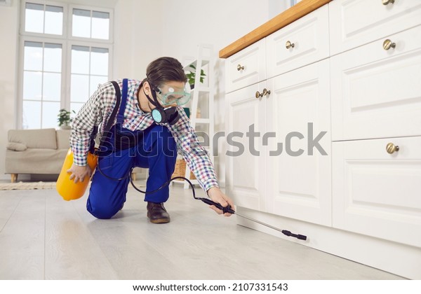 Man worker in protective mask spray insecticide\
chemical maintain kitchen clean from insects and cockroach. Male\
specialist from pest control service disinfect house. Safe\
environment concept.
