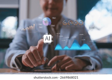 Man working with AI agents interface digital dashboard and analytics charts, showing data visualization and command prompt representing artificial intelligence support for daily task data management