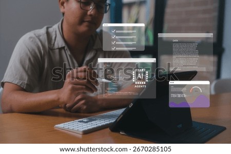 Man working with AI agents interface digital dashboard and analytics charts, showing data visualization and command prompt representing artificial intelligence support for daily task data management