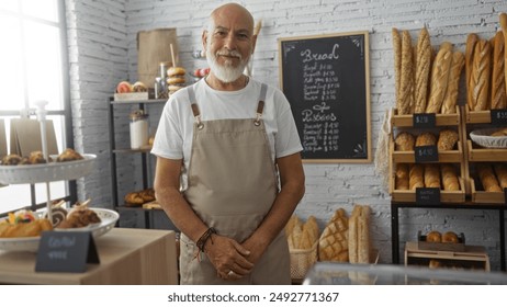 Man working in a bakery smiling at the camera with shelves of freshly baked bread and pastries in the background - Powered by Shutterstock