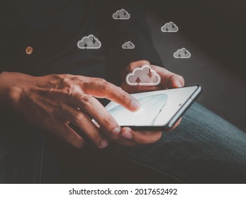 Man Working With A Cloud Computing On Smartphone.Cloud Computing Concept.connect To Data Base Station And Operations.