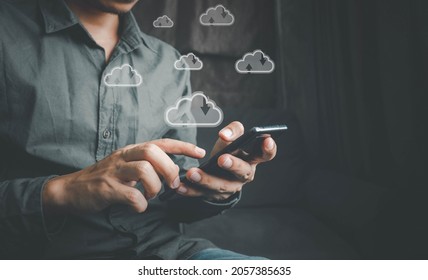 Man Working With A Cloud Computing On Smartphone.Cloud Computing Concept.connect To Data Base Station And Operations.