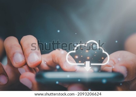 Man working with a Cloud on Smartphone.Cloud computing concept.connect to data base station and operations.Business online shopping concept.