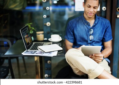 Man Working Coffee Shop Connecting Laptop Concept