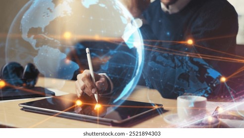 Man working with digital tablet. Global networking concept