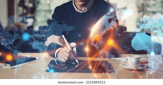 Man working with digital tablet. Global networking concept