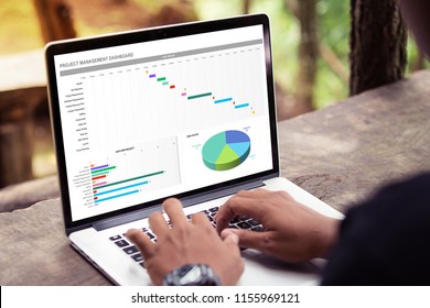 Man working with excel project dashboard on laptop / computer at the park / outdoor