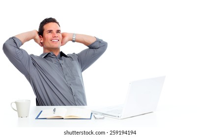 Man Working With Laptop Computer Isolated White  Background.