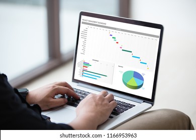 Man Working With Management Project Dashboard On Laptop / Computer At Office