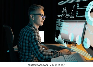 Man Working With Modern Computer Interfaces Analyzing Data And Creating Reports
