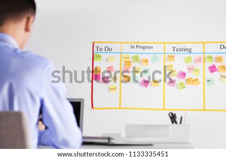 Man working in office with scrum task board on wall